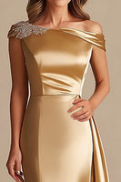 Load image into Gallery viewer, Gold Off the Shoulder Sheath Satin Long Formal Dress