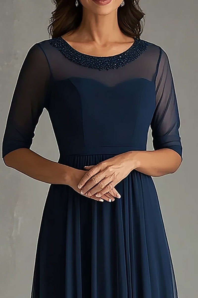 Queendancer Women Scoop Navy Illusion Neck Long Formal Dress with Short ...