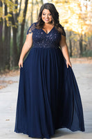 Load image into Gallery viewer, Navy Plus Size Lace A Line Long Mother of the Bride Dress