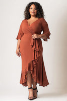 Load image into Gallery viewer, Terracotta Ruffled Half Sleeves Plus Size Long Mother of the Bride Dress