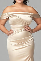 Load image into Gallery viewer, Plus Size Off the Shoulder Champagne Satin Long Mother of the Bride Dress