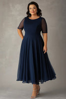Load image into Gallery viewer, Navy Scoop A Line Long Plus Size Mother of the Bride Dress