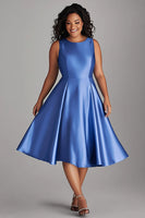 Load image into Gallery viewer, A Line Blue Satin Plus Size Knee-Length Mother of the Bride Dress