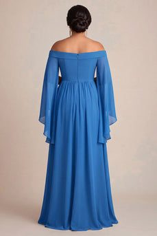 Blue Chiffon Square Neck Long Plus Size Mother of the Bride Dress