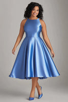 Load image into Gallery viewer, A Line Blue Scoop Knee-Length Plus Size Mother of the Bride Dress