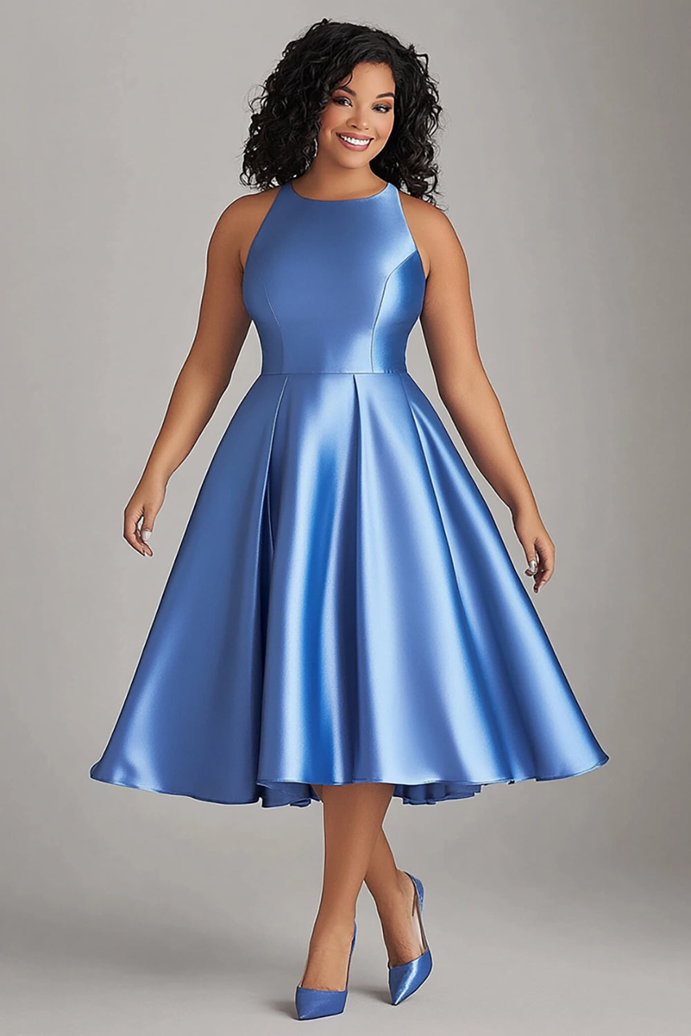 A Line Blue Scoop Knee-Length Plus Size Mother of the Bride Dress