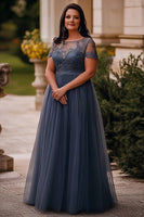 Load image into Gallery viewer, Plus Size Grey Blue A Line Long Tulle Mother of the Bride Dress