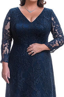 Load image into Gallery viewer, Plus Size Navy Sheath Lace V-Neck Long Mother of the Bride Dress with Sleeves
