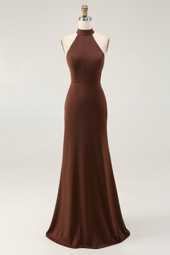 Coffee Mermaid Satin Halter Backless Long Formal Dress