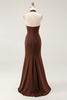 Load image into Gallery viewer, Coffee Mermaid Satin Halter Backless Long Formal Dress