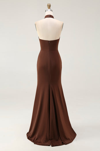 Coffee Mermaid Satin Halter Backless Long Formal Dress