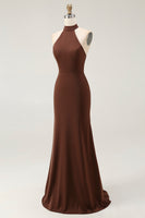 Load image into Gallery viewer, Coffee Mermaid Satin Halter Backless Long Formal Dress