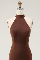 Load image into Gallery viewer, Coffee Mermaid Satin Halter Backless Long Formal Dress