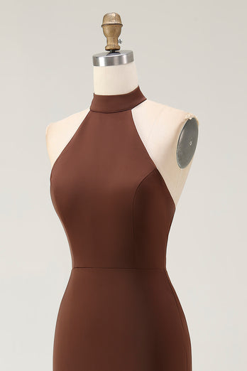 Coffee Mermaid Satin Halter Backless Long Formal Dress