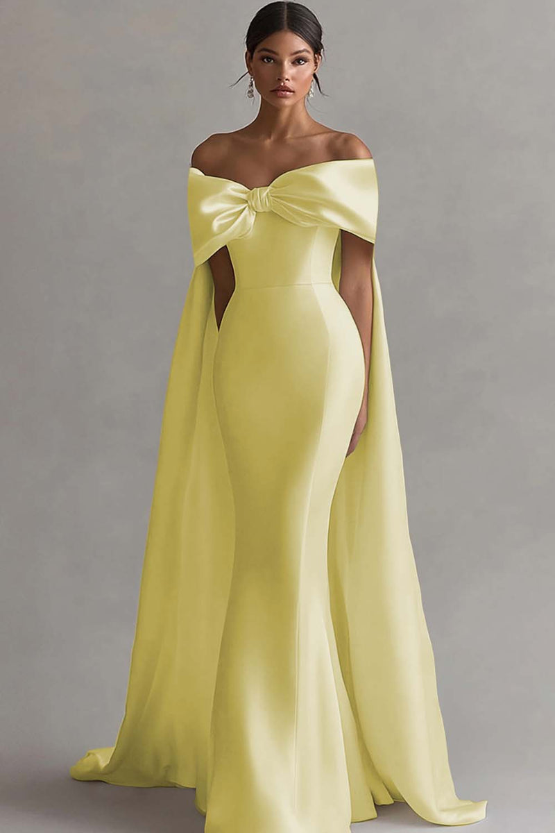 Load image into Gallery viewer, Ivory Off The Shoulder Bow Mermaid Long Wedding Dinner with Cape