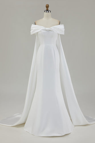 Ivory Mermaid Off The Shoulder Bow Long Wedding Dress with Cape