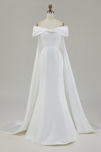 Ivory Mermaid Off The Shoulder Bow Long Wedding Dress with Cape