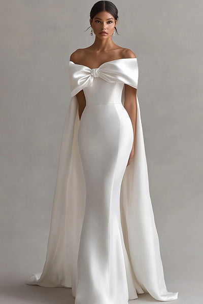 Ivory Off The Shoulder Bow Mermaid Long Wedding Dinner with Cape