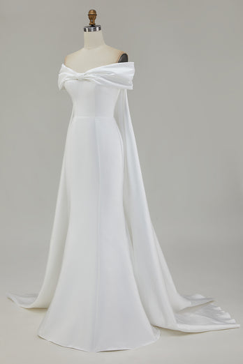 Ivory Mermaid Off The Shoulder Bow Long Wedding Dress with Cape