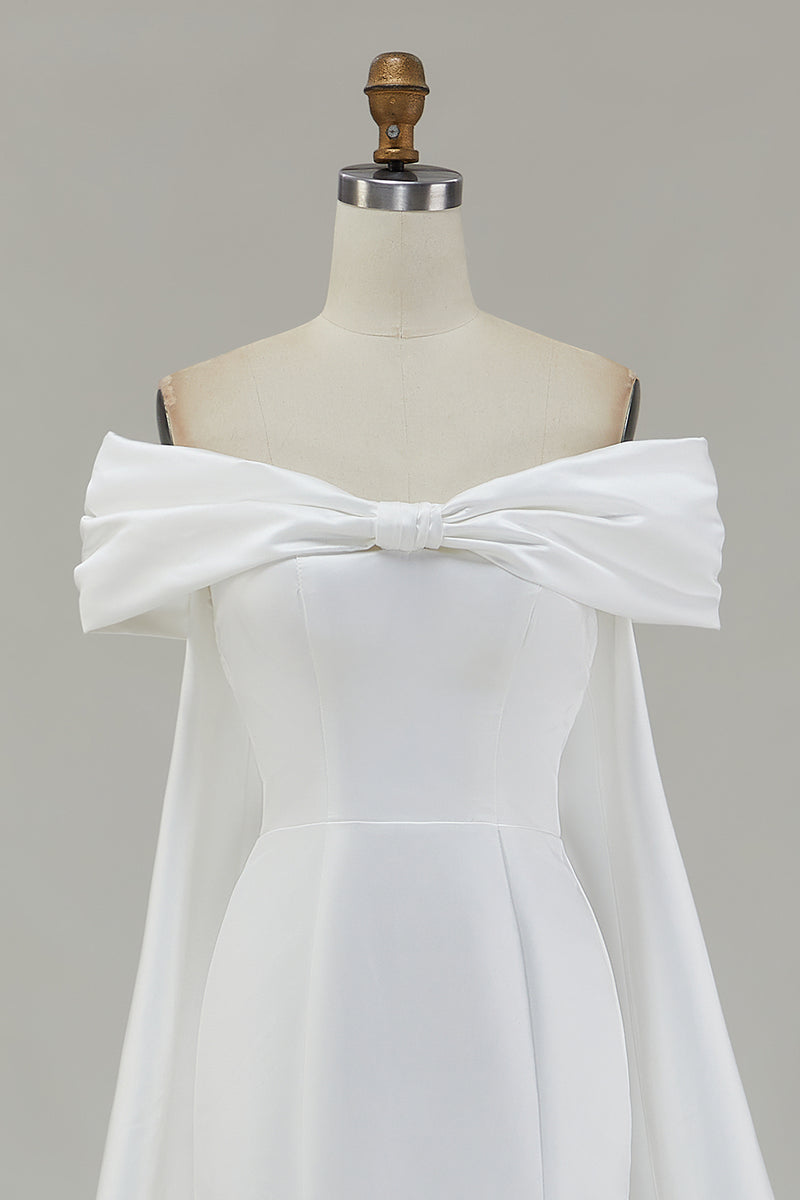 Load image into Gallery viewer, Ivory Mermaid Off The Shoulder Bow Long Wedding Dress with Cape