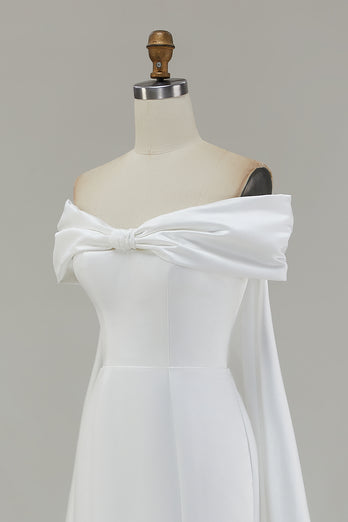 Ivory Mermaid Off The Shoulder Bow Long Wedding Dress with Cape