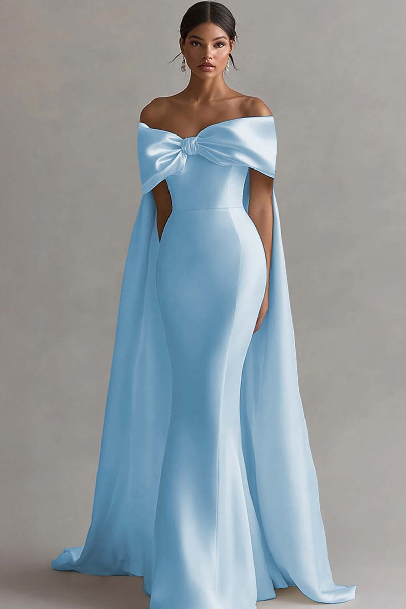 Load image into Gallery viewer, Ivory Off The Shoulder Bow Mermaid Long Wedding Dinner with Cape