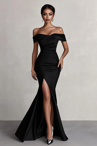 Black Satin Mermaid Ruched Off The Shoulder Long Formal Dress with Slit