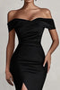 Load image into Gallery viewer, Black Satin Mermaid Ruched Off The Shoulder Long Formal Dress with Slit