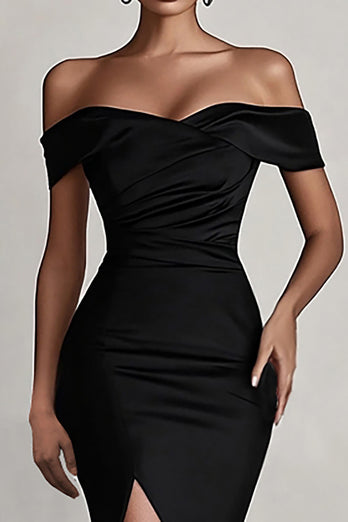 Black Satin Mermaid Ruched Off The Shoulder Long Formal Dress with Slit