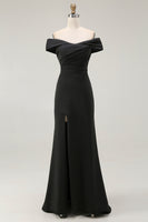 Load image into Gallery viewer, Black Satin Mermaid Ruched Off The Shoulder Long Formal Dress with Slit