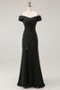 Load image into Gallery viewer, Black Satin Ruched Mermaid Off The Shoulder Long Formal Dress with Slit