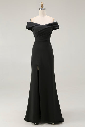 Black Satin Ruched Mermaid Off The Shoulder Long Formal Dress with Slit