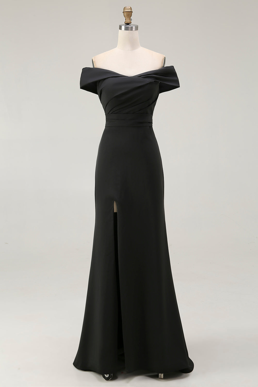 Black Satin Ruched Mermaid Off The Shoulder Long Formal Dress with Slit