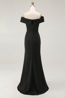 Load image into Gallery viewer, Black Satin Mermaid Ruched Off The Shoulder Long Formal Dress with Slit