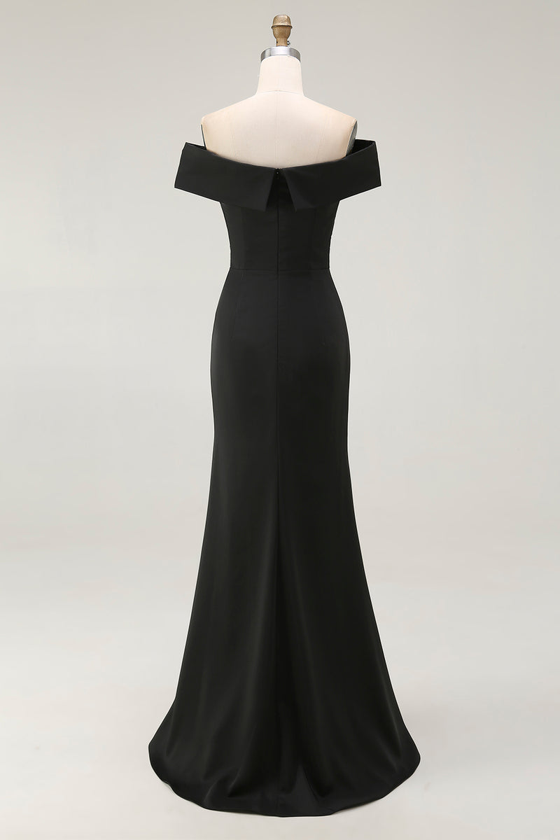 Load image into Gallery viewer, Black Satin Ruched Mermaid Off The Shoulder Long Formal Dress with Slit