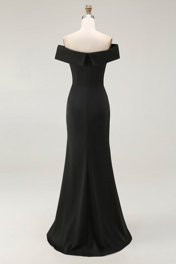 Black Satin Mermaid Ruched Off The Shoulder Long Formal Dress with Slit