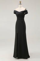 Load image into Gallery viewer, Black Satin Ruched Mermaid Off The Shoulder Long Formal Dress with Slit