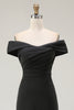 Load image into Gallery viewer, Black Satin Ruched Mermaid Off The Shoulder Long Formal Dress with Slit