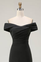 Load image into Gallery viewer, Black Satin Ruched Mermaid Off The Shoulder Long Formal Dress with Slit