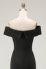 Load image into Gallery viewer, Black Satin Ruched Mermaid Off The Shoulder Long Formal Dress with Slit