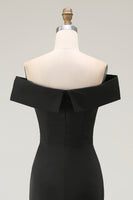 Load image into Gallery viewer, Black Satin Ruched Mermaid Off The Shoulder Long Formal Dress with Slit