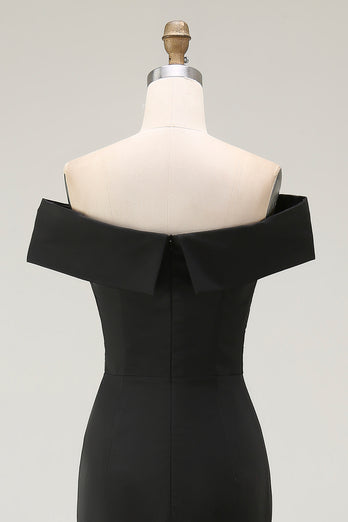 Black Satin Ruched Mermaid Off The Shoulder Long Formal Dress with Slit
