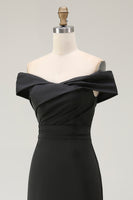 Load image into Gallery viewer, Black Satin Ruched Mermaid Off The Shoulder Long Formal Dress with Slit