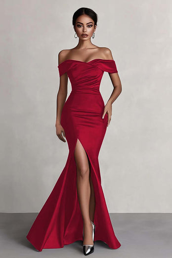 Black Satin Mermaid Ruched Off The Shoulder Long Formal Dress with Slit