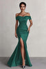 Load image into Gallery viewer, Black Satin Mermaid Ruched Off The Shoulder Long Formal Dress with Slit