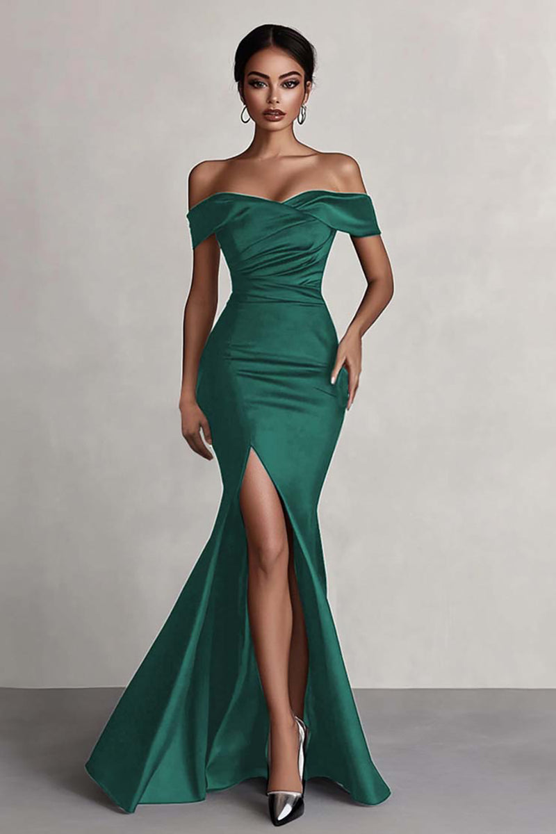 Load image into Gallery viewer, Black Satin Mermaid Ruched Off The Shoulder Long Formal Dress with Slit
