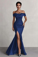 Load image into Gallery viewer, Black Satin Mermaid Ruched Off The Shoulder Long Formal Dress with Slit