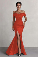 Load image into Gallery viewer, Black Satin Mermaid Ruched Off The Shoulder Long Formal Dress with Slit