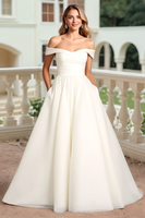 Load image into Gallery viewer, Ivory Organza A Line Off the Shoulder Sweep Train Wedding Dress