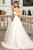 Load image into Gallery viewer, Ivory Organza A Line Off the Shoulder Sweep Train Wedding Dress